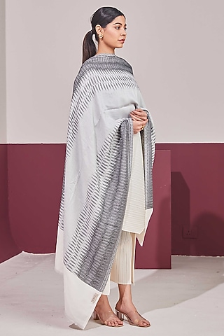 White & Silver Grey Fine Count Wool Self Weave Ikat Reversible Stole by Shaza