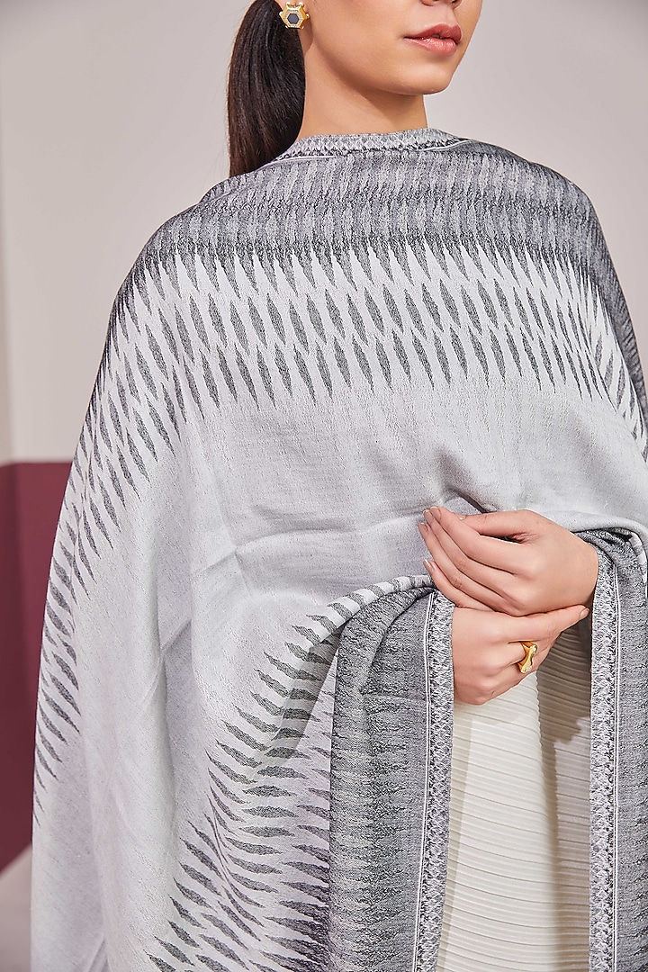 White & Silver Grey Fine Count Wool Self Weave Ikat Reversible Stole by Shaza at Pernia's Pop Up Shop