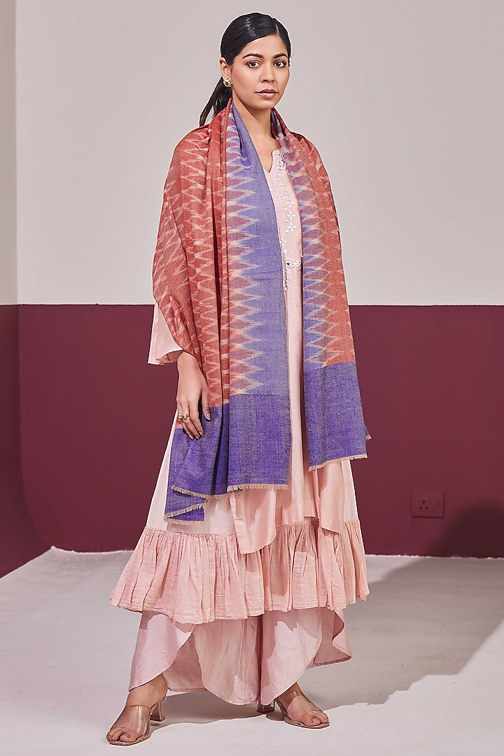 Red & Lilac Handloom Pashmina Self Weave Ikat Printed Shawl by Shaza