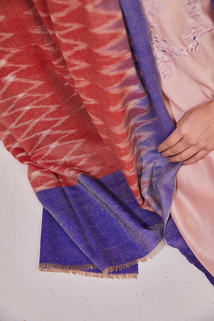 Red & Lilac Handloom Pashmina Self Weave Ikat Printed Shawl by Shaza at Pernia's Pop Up Shop