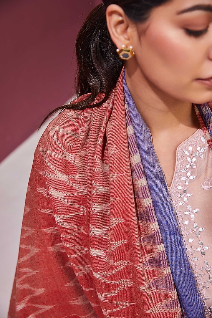 Red & Lilac Handloom Pashmina Self Weave Ikat Printed Shawl by Shaza at Pernia's Pop Up Shop