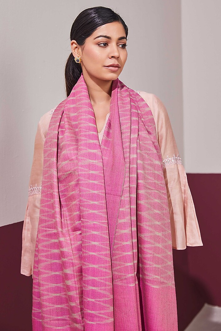 Pink Handloom Pashmina Self Weave Ikat Printed Shawl by Shaza at Pernia's Pop Up Shop