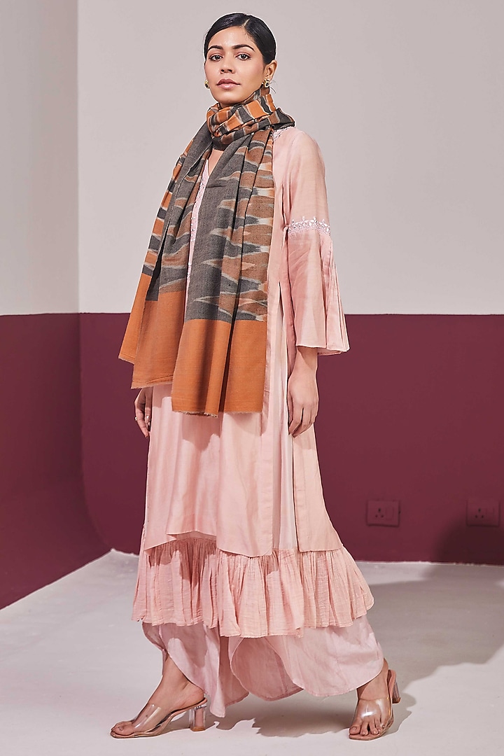 Brown & Grey Handloom Pashmina Self Weave Ikat Printed Shawl by Shaza