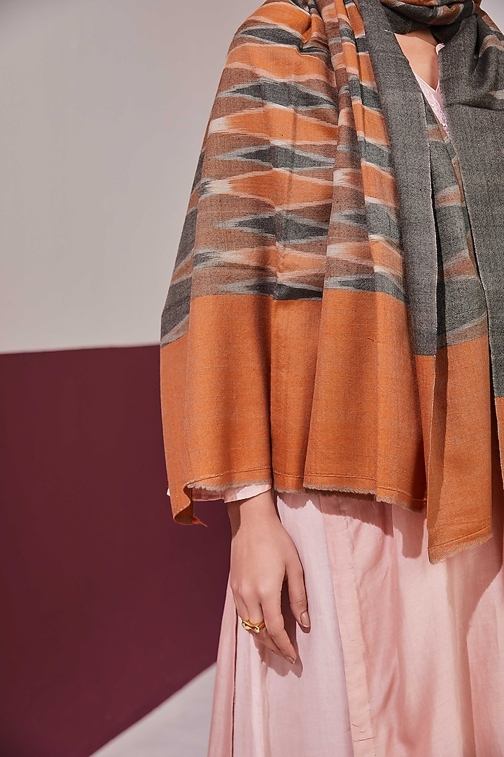 Brown & Grey Handloom Pashmina Self Weave Ikat Printed Shawl by Shaza at Pernia's Pop Up Shop