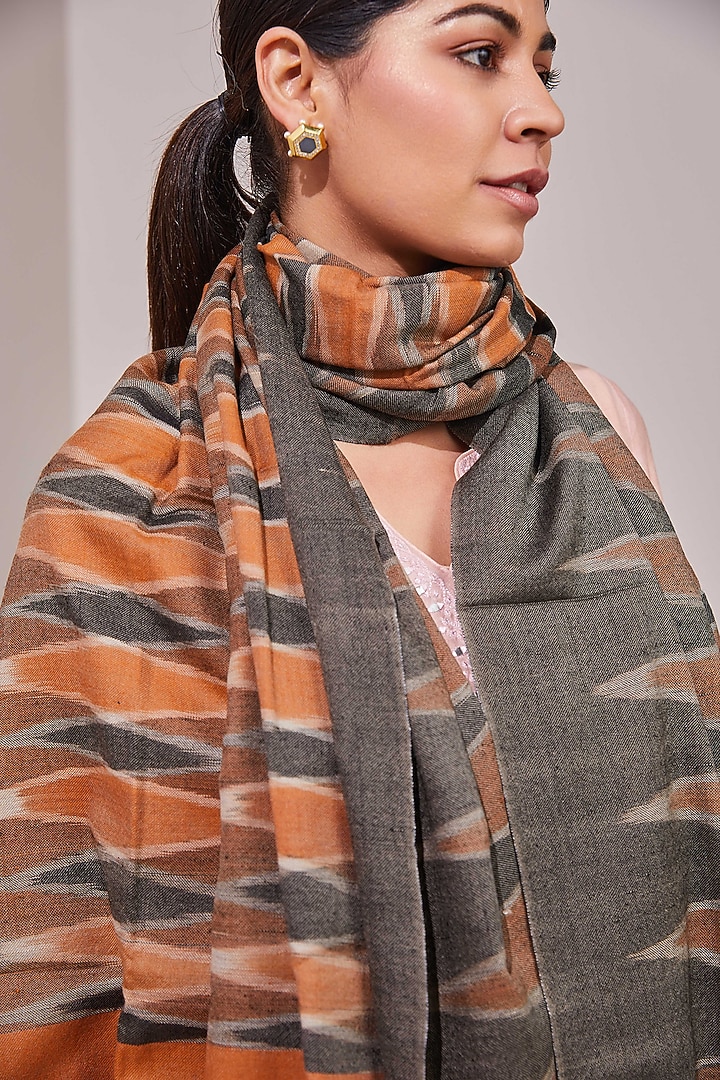 Brown & Grey Handloom Pashmina Self Weave Ikat Printed Shawl by Shaza at Pernia's Pop Up Shop
