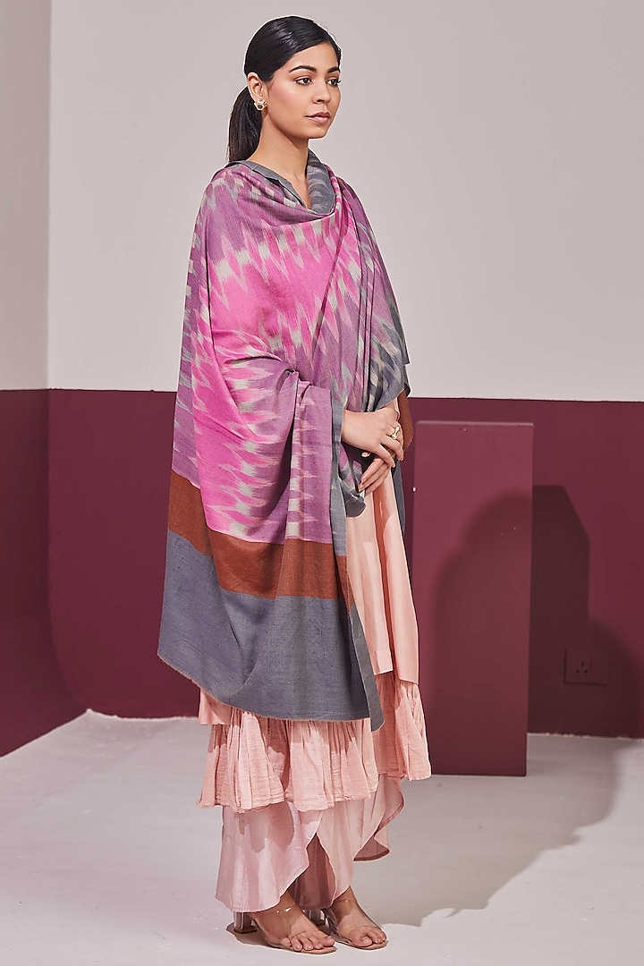 Grey & Pink Handloom Pashmina Self Weave Ikat Printed Shawl by Shaza