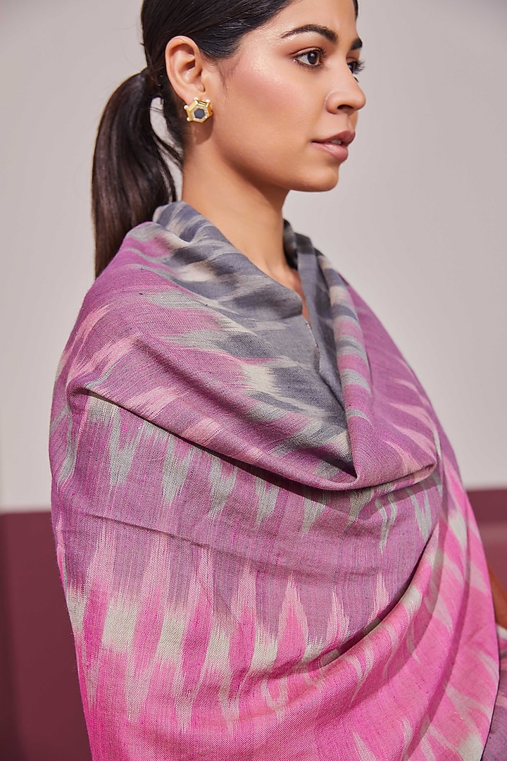 Grey & Pink Handloom Pashmina Self Weave Ikat Printed Shawl by Shaza at Pernia's Pop Up Shop