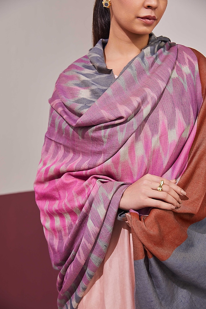 Grey & Pink Handloom Pashmina Self Weave Ikat Printed Shawl by Shaza at Pernia's Pop Up Shop