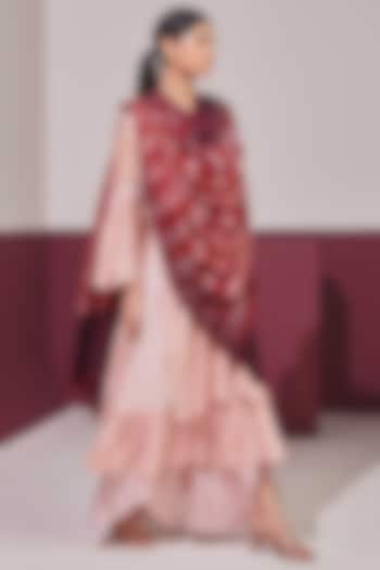 Red & Maroon Handloom Pashmina Self Weaved Ikat Shawl by Shaza