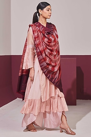 Red & Maroon Handloom Pashmina Self Weaved Ikat Shawl by Shaza