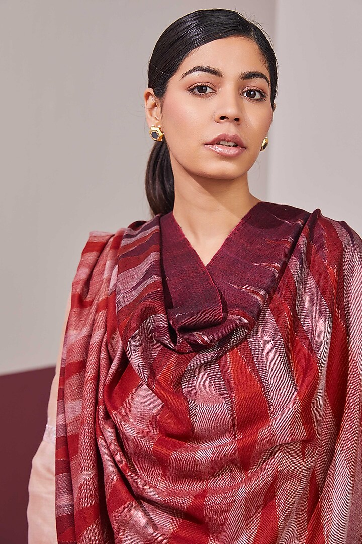 Red & Maroon Handloom Pashmina Self Weaved Ikat Shawl by Shaza at Pernia's Pop Up Shop