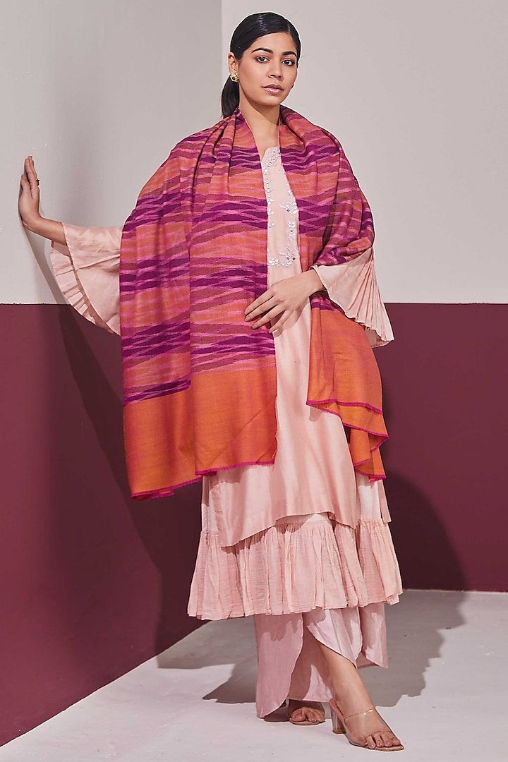 Magenta & Orange Handloom Pashmina Self Weaved Ikat Shawl by Shaza