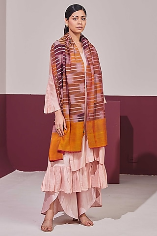 Ochre & Brown Handloom Pashmina Self Weaved Ikat Shawl by Shaza