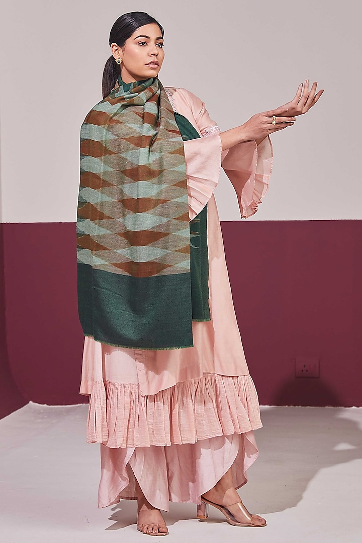 Forest Green & Brown Handloom Pashmina Self Weaved Ikat Shawl by Shaza