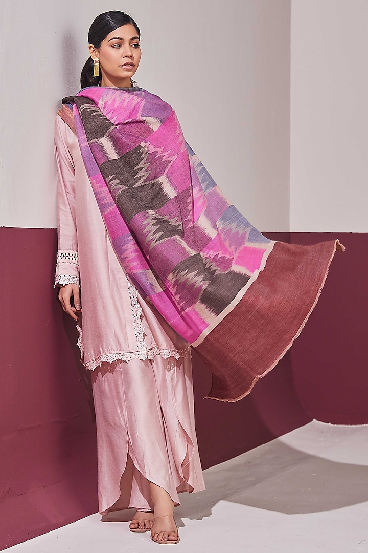 Pink & Grey Handloom Pashmina Self Weave Pochampally Zari Reversible Shawl by Shaza