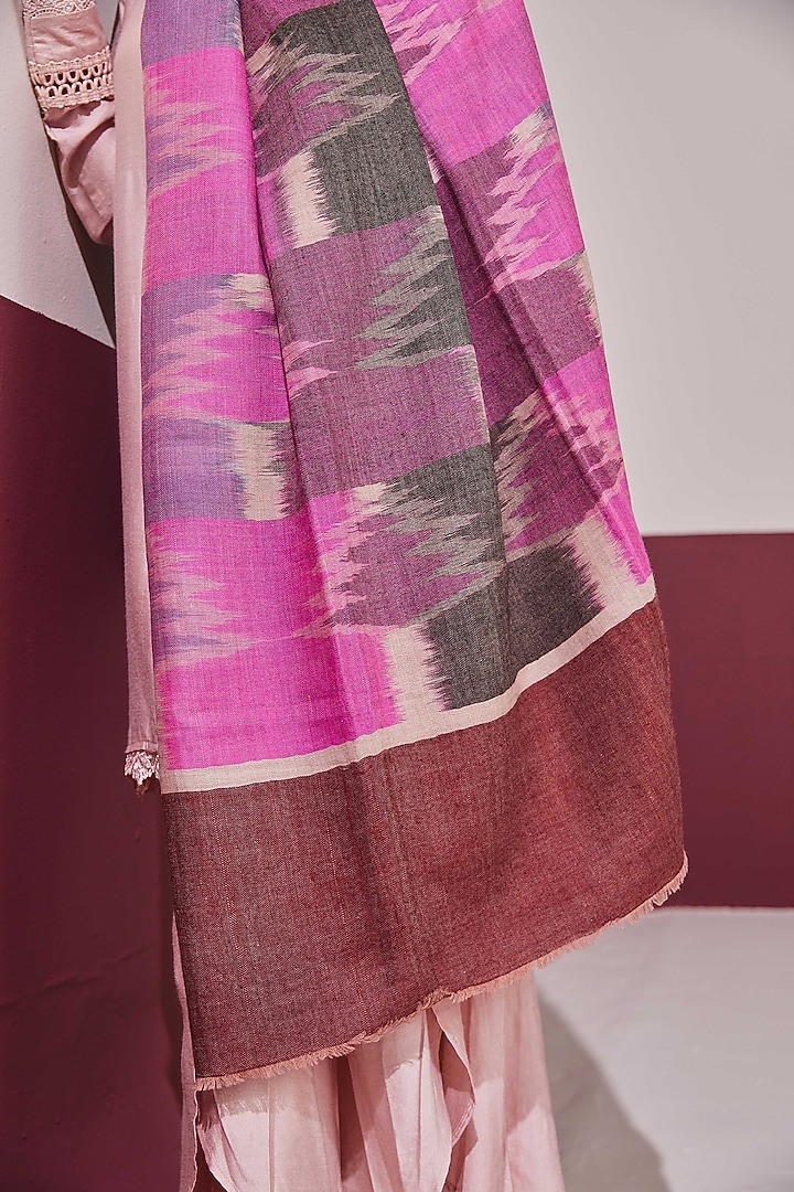 Pink & Grey Handloom Pashmina Self Weave Pochampally Zari Reversible Shawl by Shaza at Pernia's Pop Up Shop