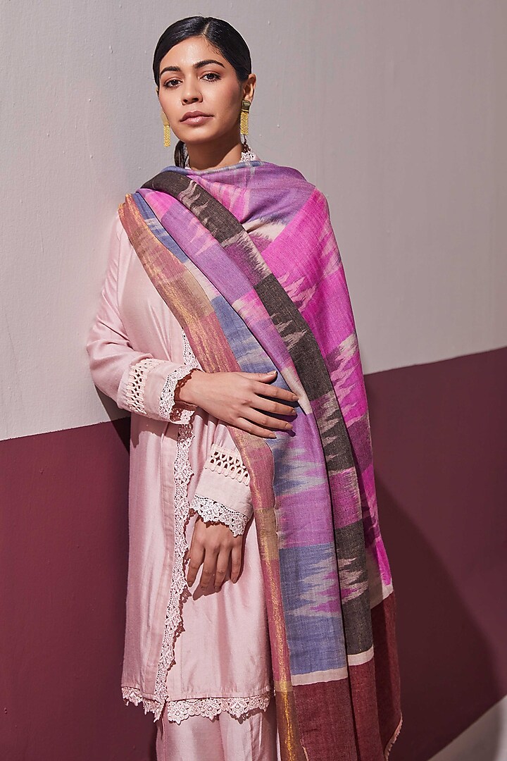 Pink & Grey Handloom Pashmina Self Weave Pochampally Zari Reversible Shawl by Shaza at Pernia's Pop Up Shop