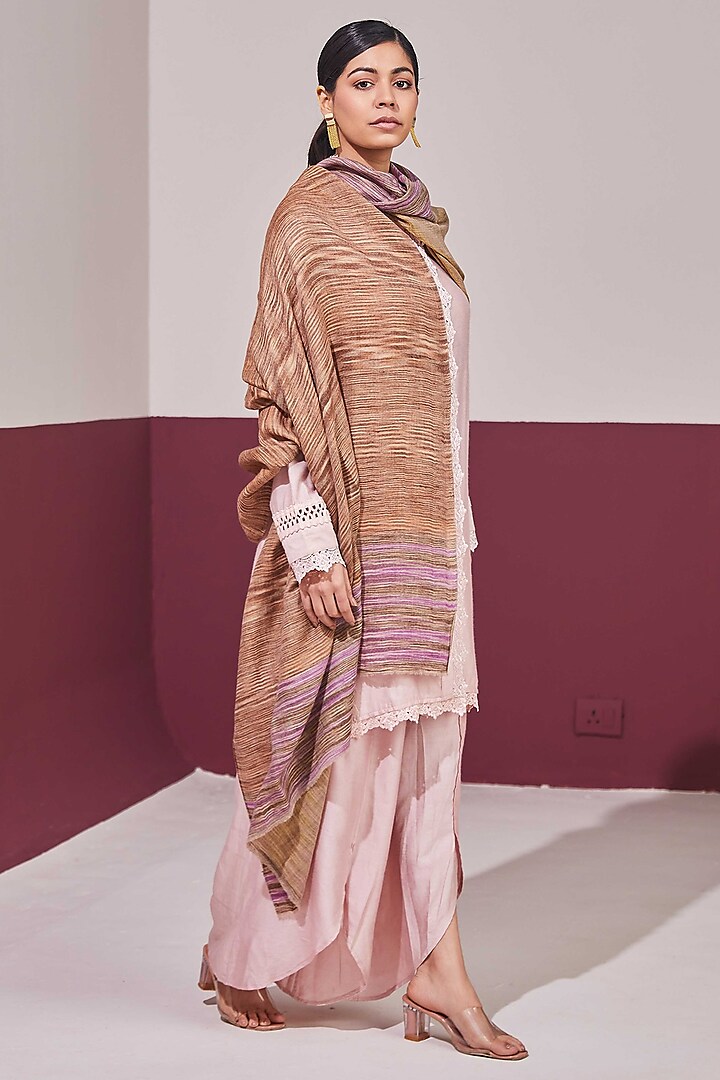 Beige & Purple Handloom Pashmina Self Weave Pochampally Zari Reversible Shawl by Shaza