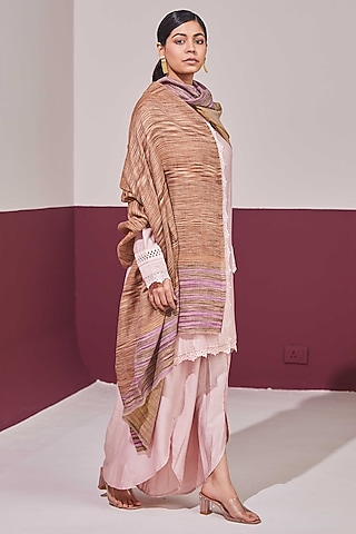 Beige & Purple Handloom Pashmina Self Weave Pochampally Zari Reversible Shawl by Shaza