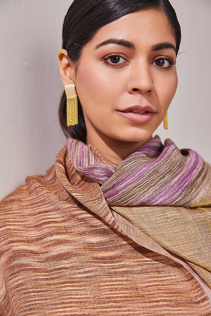 Beige & Purple Handloom Pashmina Self Weave Pochampally Zari Reversible Shawl by Shaza at Pernia's Pop Up Shop