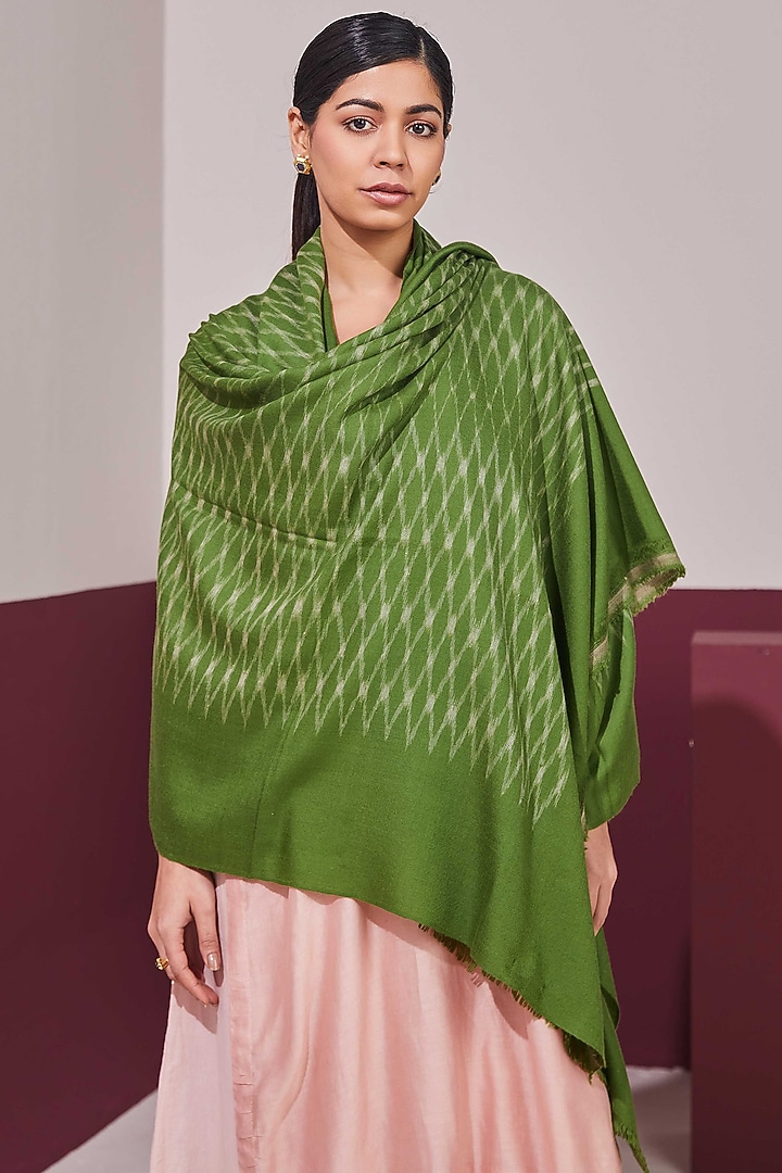 Green Handloom Pashmina Woven Shawl by Shaza at Pernia's Pop Up Shop