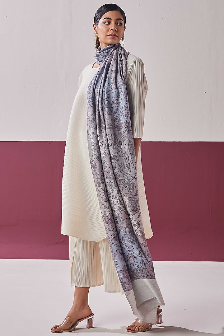 Lavender & Blue Wool Silk Blend Woven Stole by Shaza