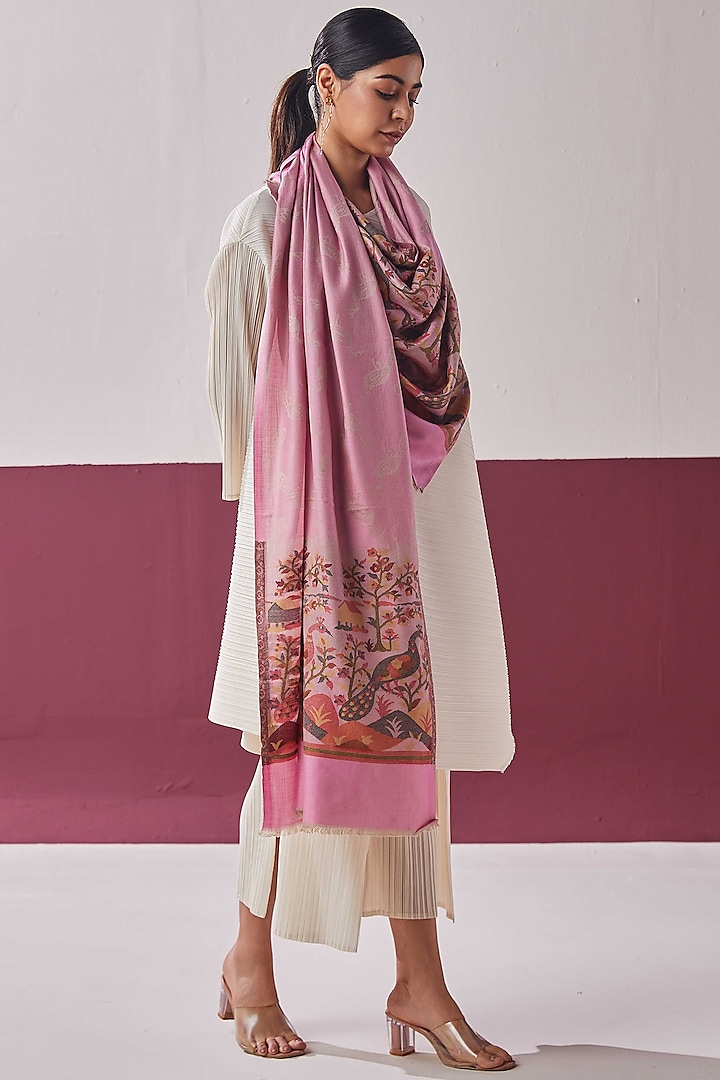 Pink Wool Silk Blend Woven Stole by Shaza