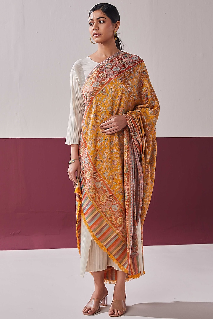 Mustard Fine Count Wool Woven Stole by Shaza