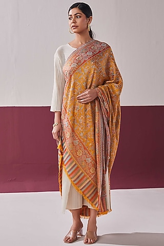 Mustard Fine Count Wool Woven Shawl by Shaza