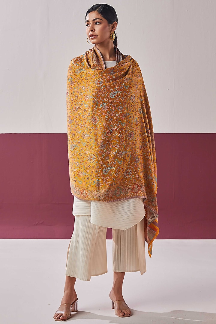 Mustard Fine Count Wool Woven Stole by Shaza