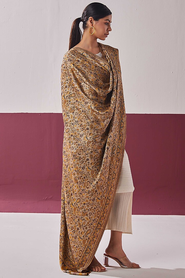 Brown Fine Count Wool Woven Stole by Shaza