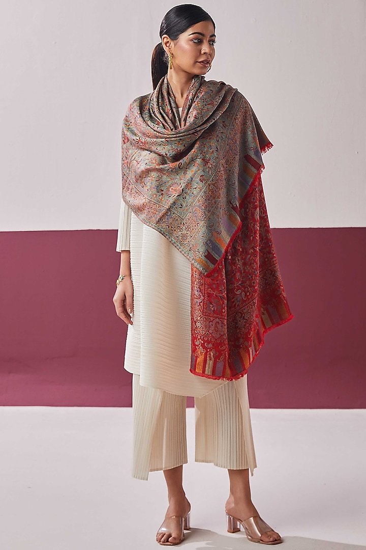 Mint Green & Red Fine Count Wool Woven Stole by Shaza