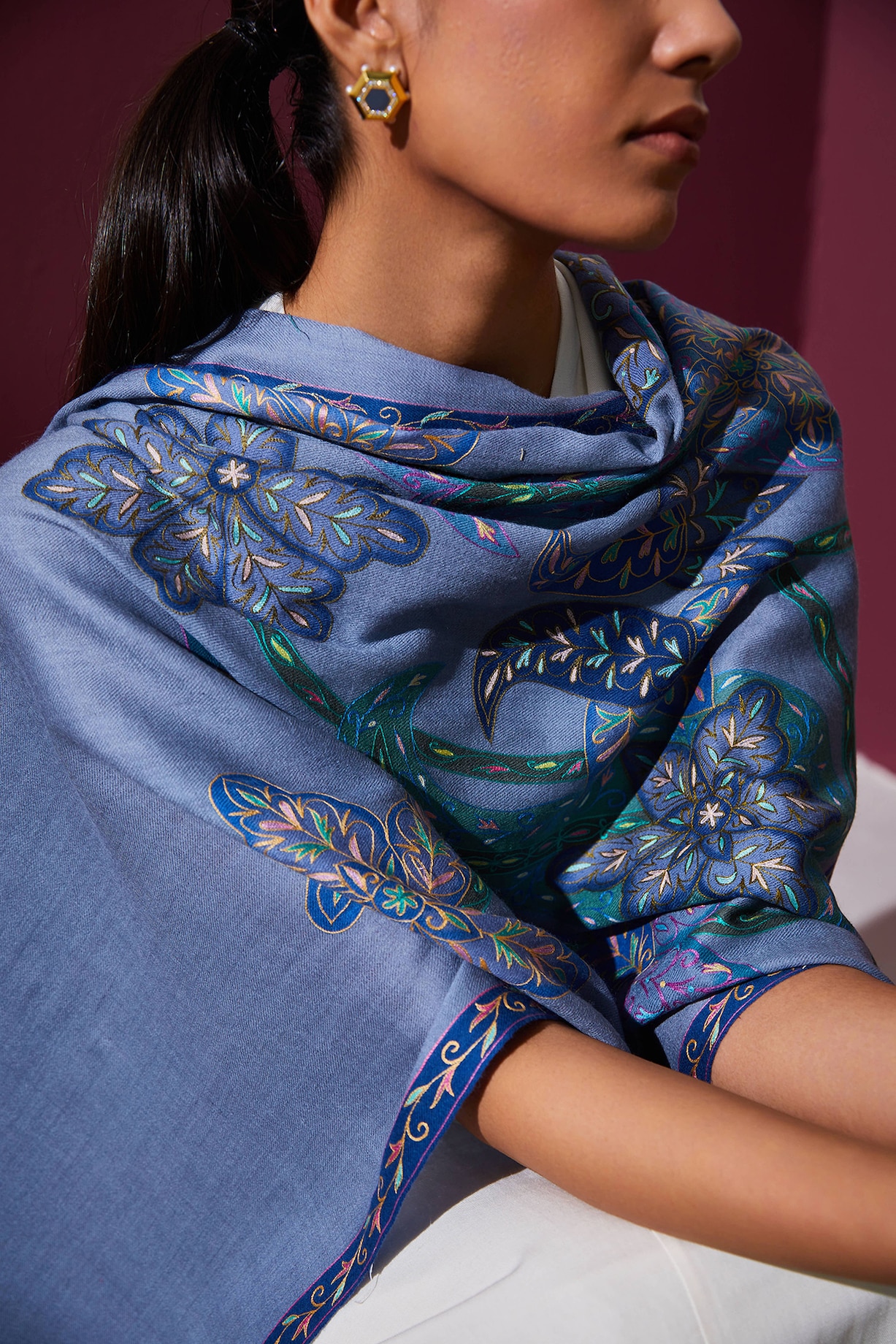Cornflower Blue Handloom Pashmina Hand Embroidered Hand Painted