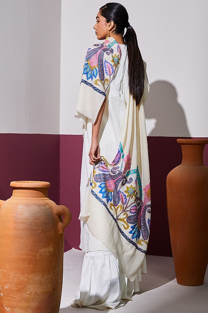 White Handloom Pashmina Hand Embroidered & Hand Painted Woven Stole by Shaza
