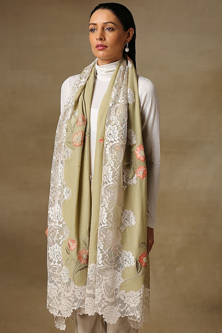 Pista Green Pure Cashmere Embroidered Stole by Shaza