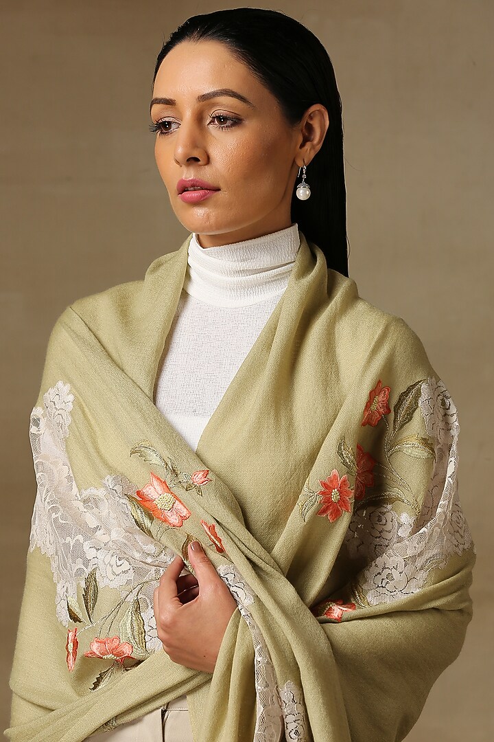Pista Green Pure Cashmere Embroidered Stole by Shaza at Pernia's Pop Up Shop