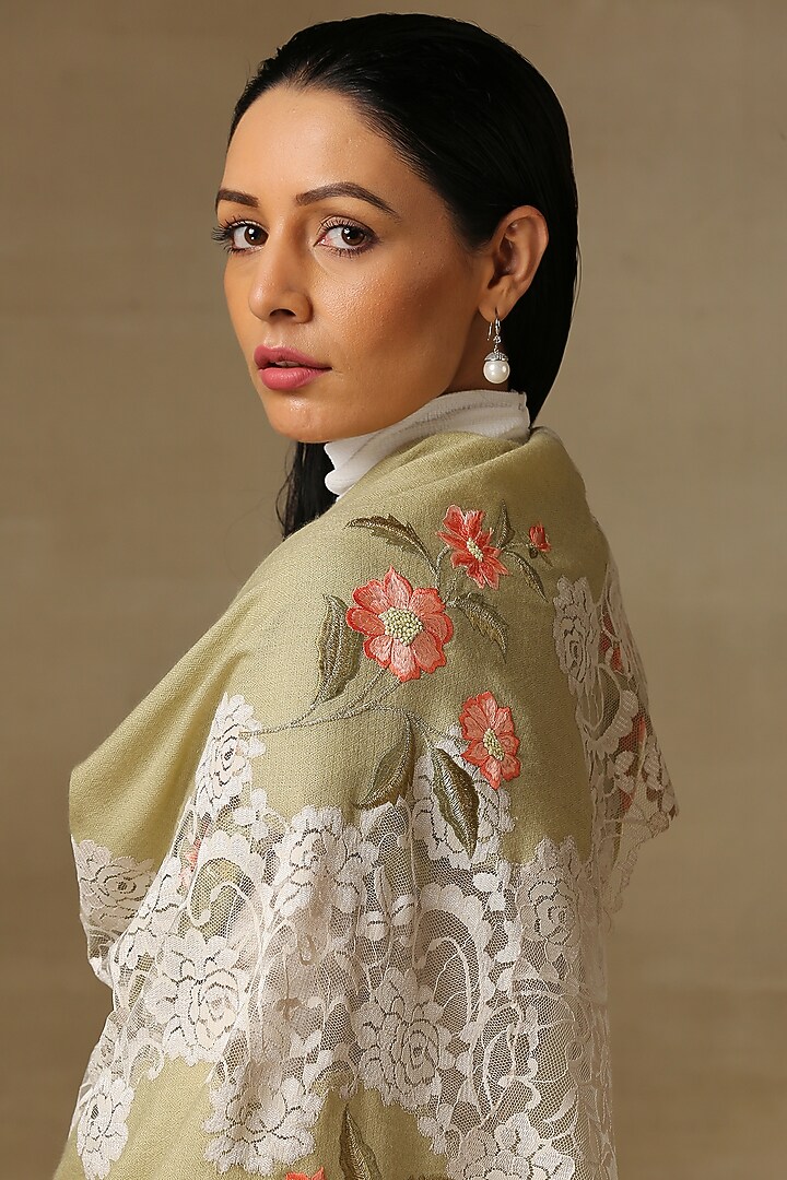 Pista Green Pure Cashmere Embroidered Stole by Shaza at Pernia's Pop Up Shop
