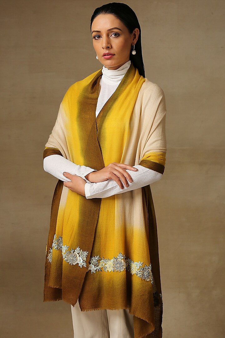 Yellow Handloom Pashmina Embellished Ombre Stole by Shaza