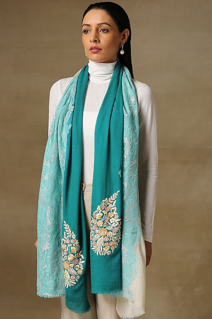 Teal Handloom Pashmina Embellished Ombre Stole by Shaza
