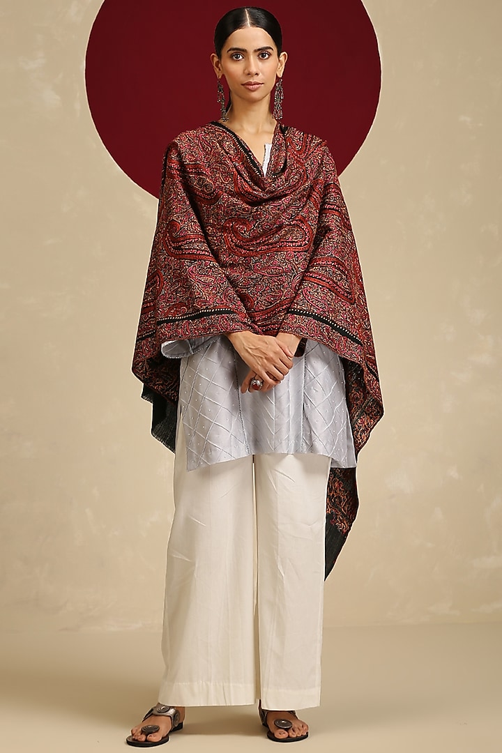 Brown Handloom Pashmina Hand Embroidered Stole by Shaza