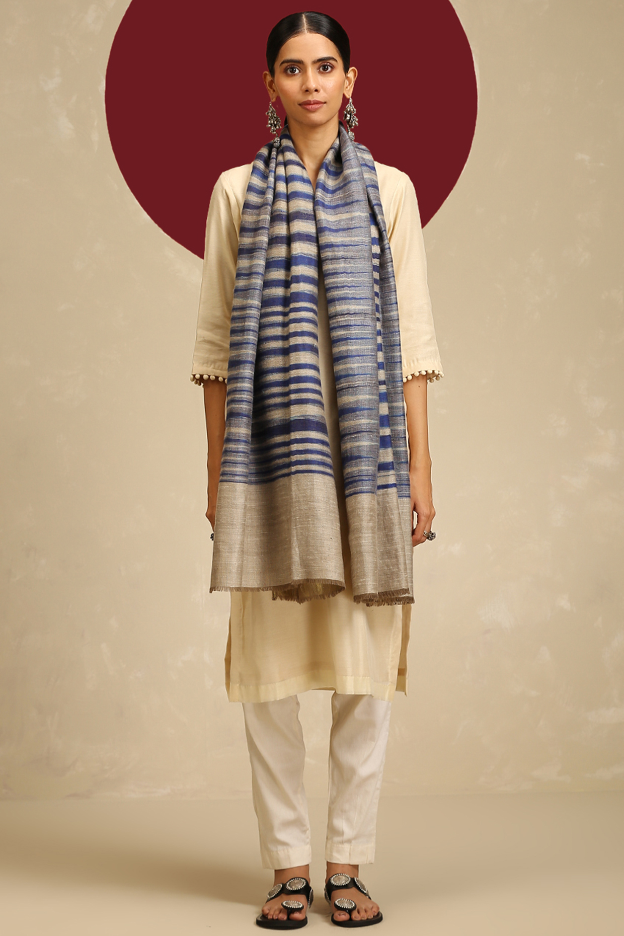 Navy Blue Handloom Pashmina Embroidered Stole by Shaza