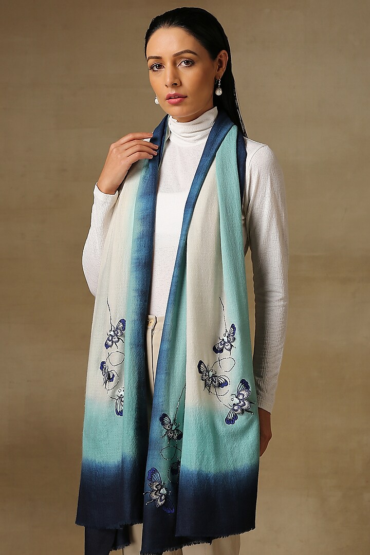 Ocean Blue Handloom Pashmina Embroidered Stole by Shaza