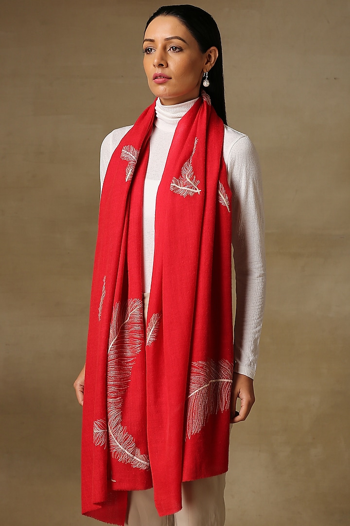 Red Handloom Pashmina Embroidered Stole by Shaza