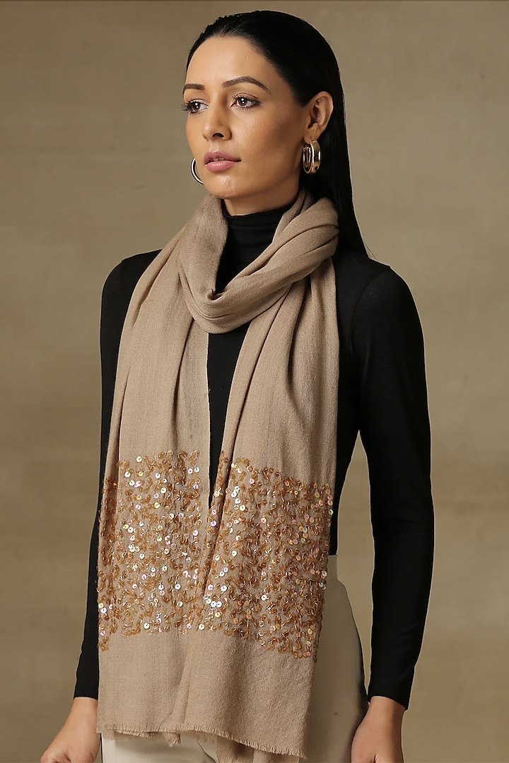 Beige Fine Count Wool Hand Embellished Cashmere Stole by Shaza