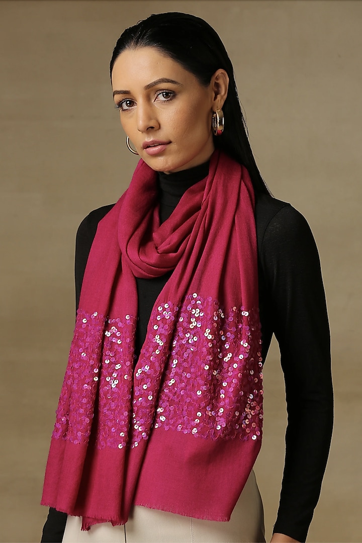 Magenta Pink Fine Count Wool Hand Embellished Cashmere Stole by Shaza