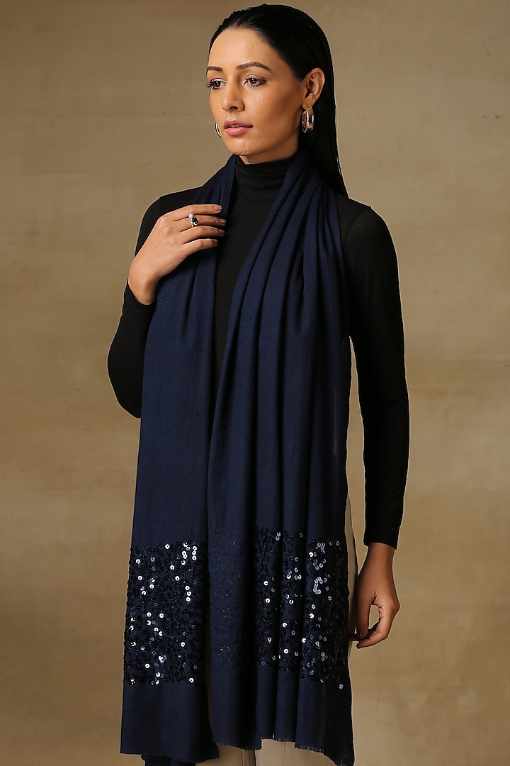 Navy Blue Fine Count Wool Hand Embellished Cashmere Stole by Shaza