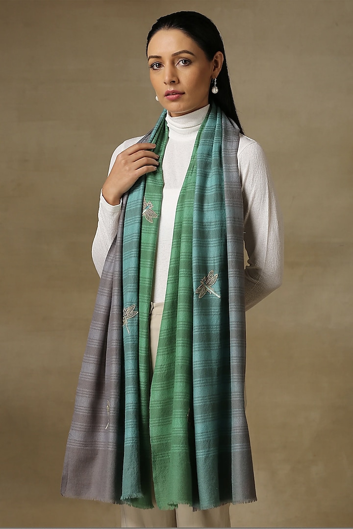 Sea Green Fine Count Wool Embellished Ombre Cashmere Stole by Shaza