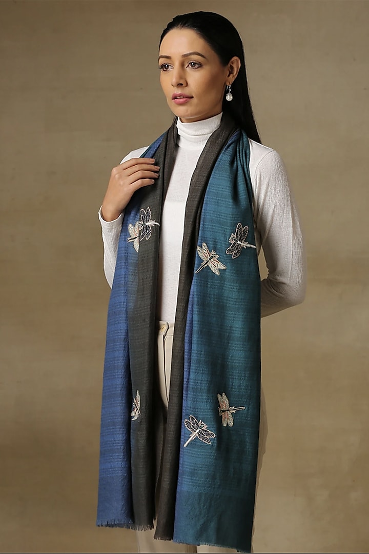 Ocean Blue Fine Count Wool Embellished Ombre Cashmere Stole by Shaza