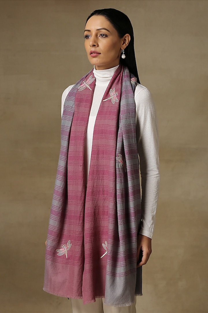 Pink & Grey Fine Count Wool Embellished Ombre Cashmere Stole by Shaza