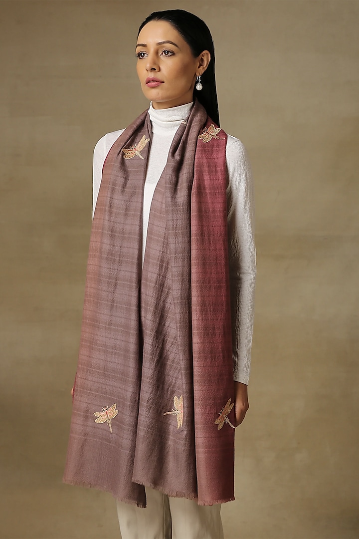 Mauve & Grey Fine Count Wool Embellished Ombre Cashmere Stole by Shaza